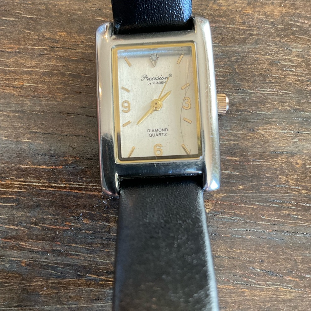 Vintage Precision Gruen Diamond Quartz Watch Gold Tone Rectangle Black Leather